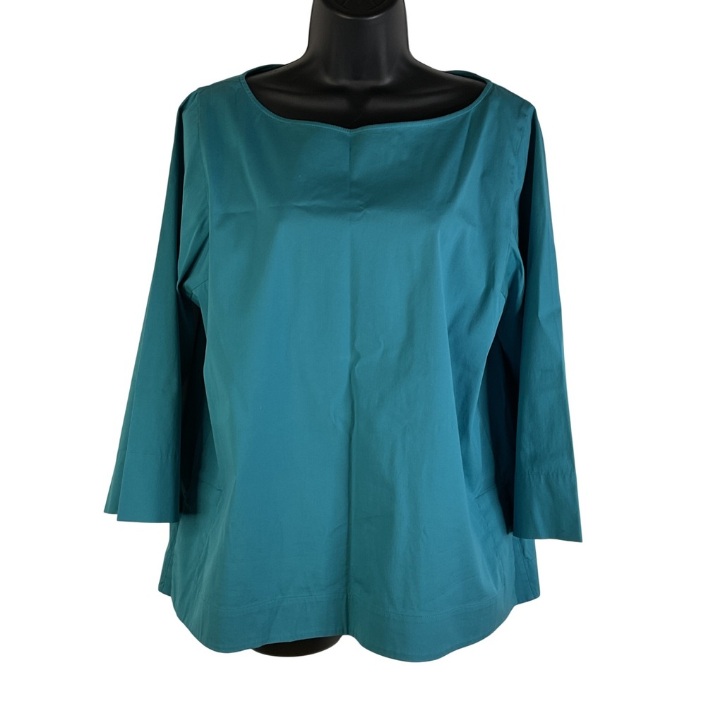 Lafayette‎ 148 New York Teal Boat Neck 3/4 Sleeve Top Size Medium Cotton Blend